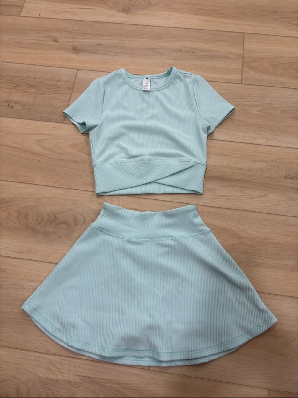 Yogalicious Light Aqua Ribbed Crop Top & Circle Skirt Set